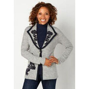 Christopher & Banks Gray Floral Embroidered Sweater Blazer Cardigan XL Navy Trim